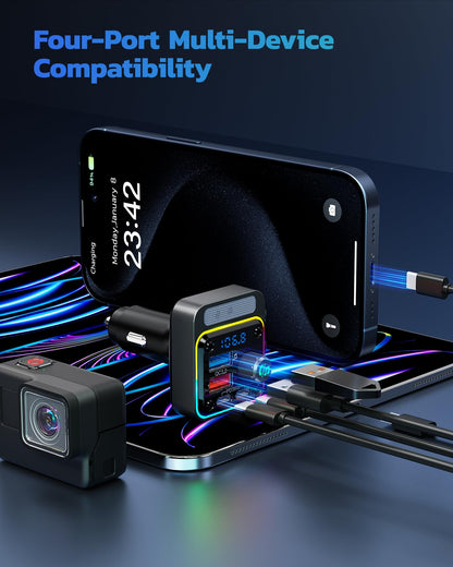 Nulaxy 54W Bluetooth 5.3 Car Adapter with 4 Charging Ports [PD 36W & QC3.0 18W], Wireless Radio FM Transmitter with Deep Bass Player & 5 Colors LED Backlit, Hands-Free Calling, Black