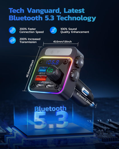 Nulaxy 54W Bluetooth 5.3 Car Adapter with 4 Charging Ports [PD 36W & QC3.0 18W], Wireless Radio FM Transmitter with Deep Bass Player & 5 Colors LED Backlit, Hands-Free Calling, Black