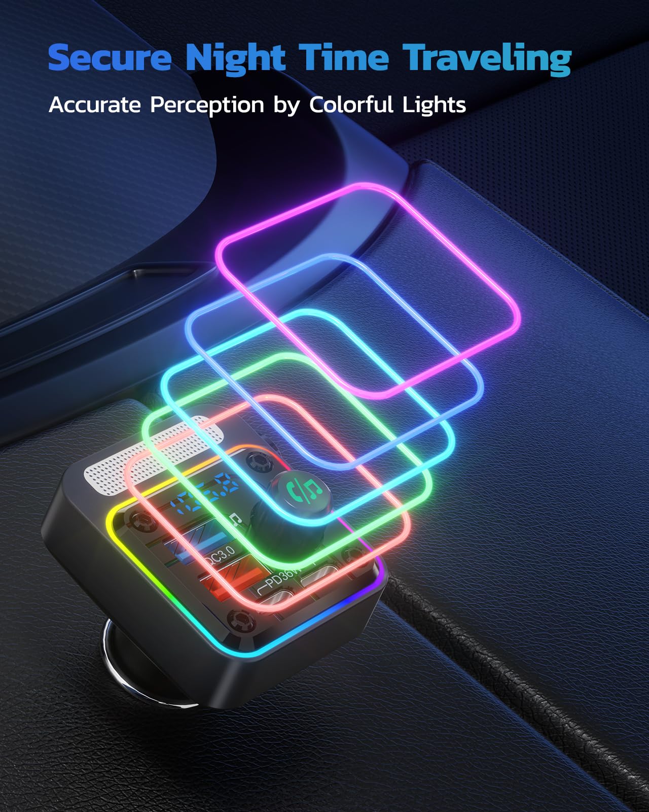 Nulaxy 54W Bluetooth 5.3 Car Adapter with 4 Charging Ports [PD 36W & QC3.0 18W], Wireless Radio FM Transmitter with Deep Bass Player & 5 Colors LED Backlit, Hands-Free Calling, Black