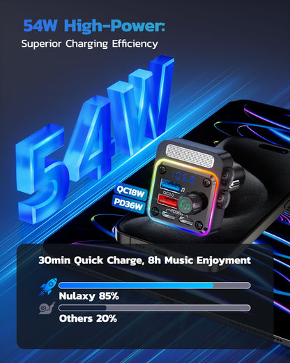Nulaxy 54W Bluetooth 5.3 Car Adapter with 4 Charging Ports [PD 36W & QC3.0 18W], Wireless Radio FM Transmitter with Deep Bass Player & 5 Colors LED Backlit, Hands-Free Calling, Black
