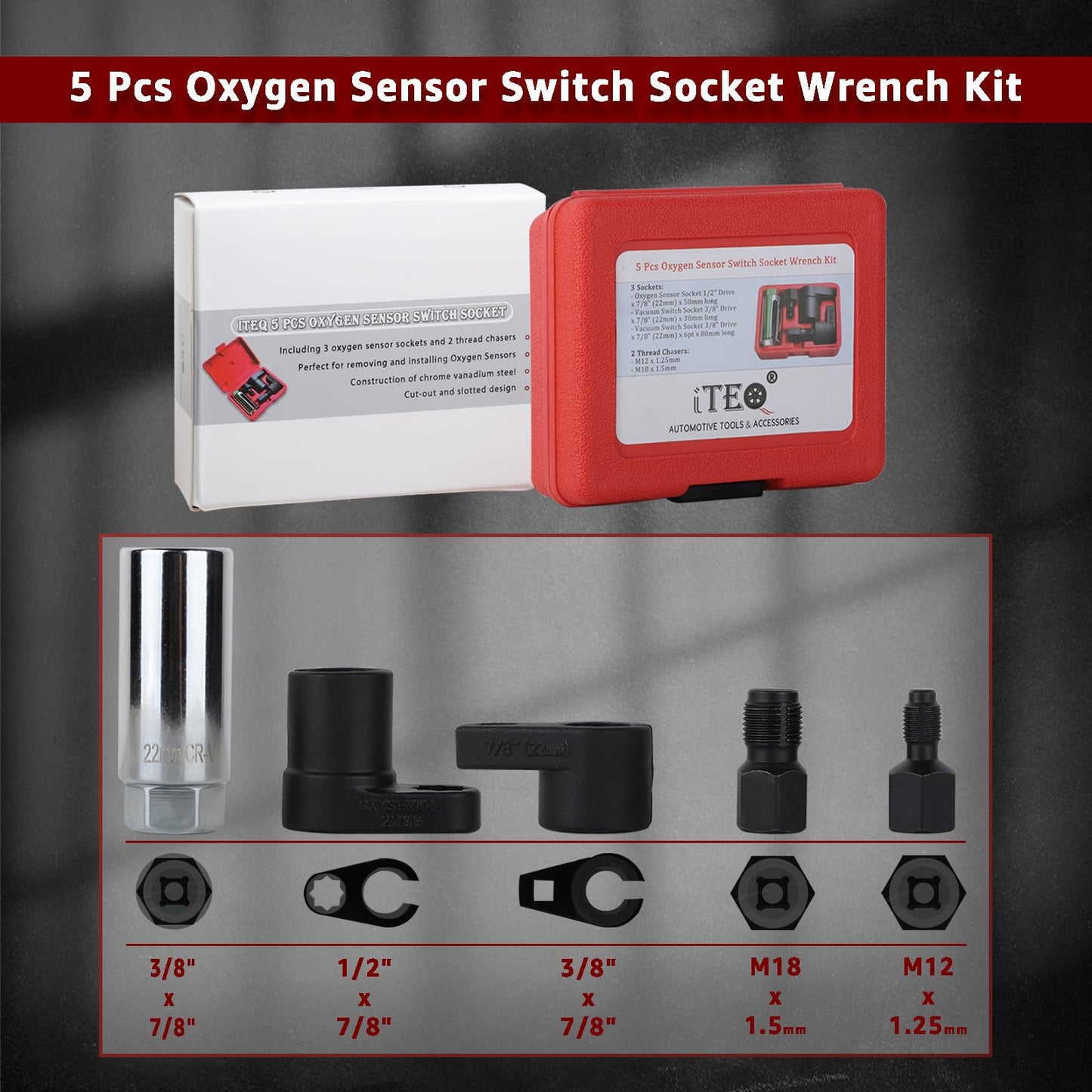 ITEQ 5 Pcs Automotive Oxygen Sensor Socket Wrench Remover tool and Thread Chaser Set