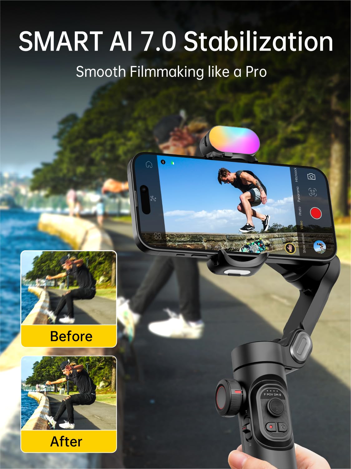 AOCHUAN Phone Gimbal Stabilizer 3-Axis Smartphone Foldable Handheld Gimbal for iPhone with Focus Wheel TikTok YouTube Vlog Stabilizer for iPhone16 15 14 13 12 Pro Max Android-Smart XE
