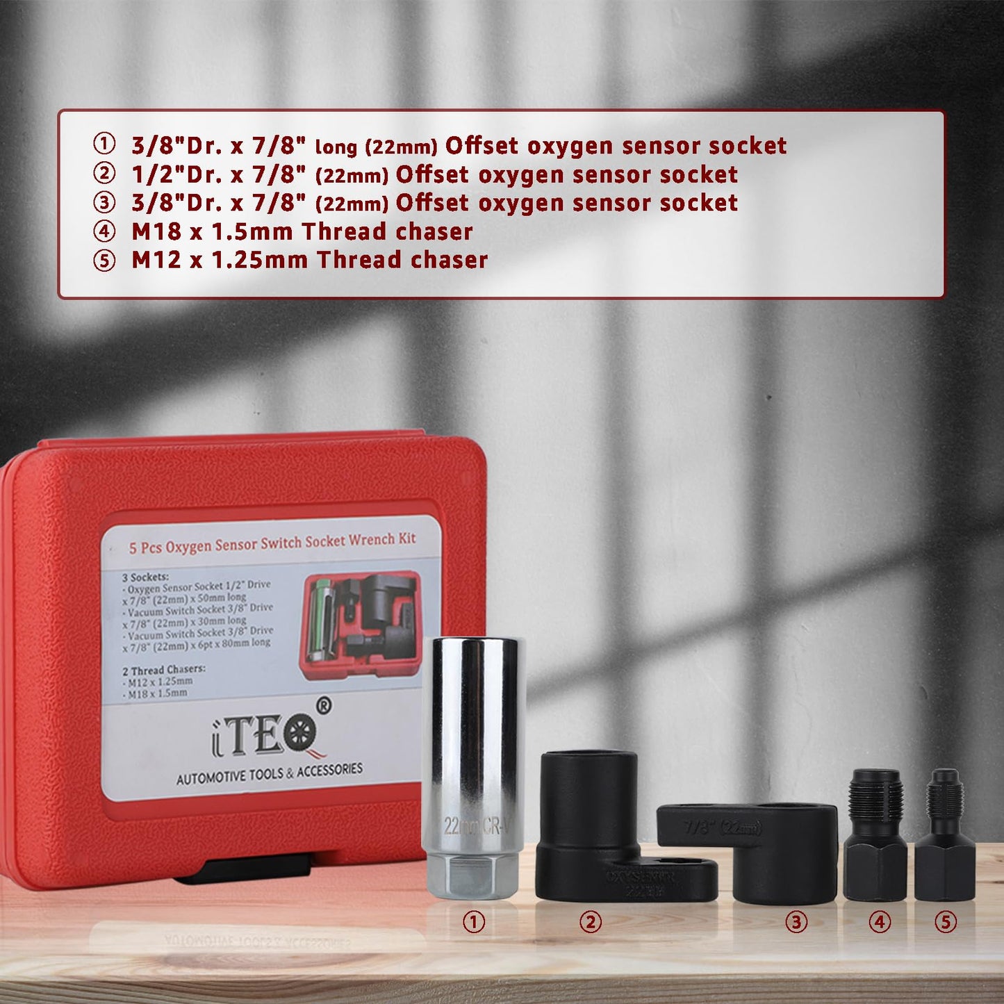 ITEQ 5 Pcs Automotive Oxygen Sensor Socket Wrench Remover tool and Thread Chaser Set