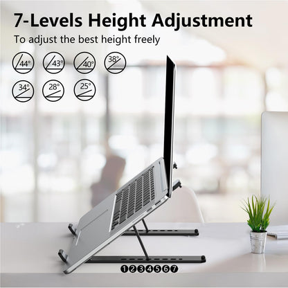 Tonmom Laptop Stand for Desk, Adjustable Laptop Riser ABS+Silicone Foldable Portable Notebook Holder, Ventilated Cooling Notebook Mount Computer Stand for 10-15.6” Laptops,Tablets-Black