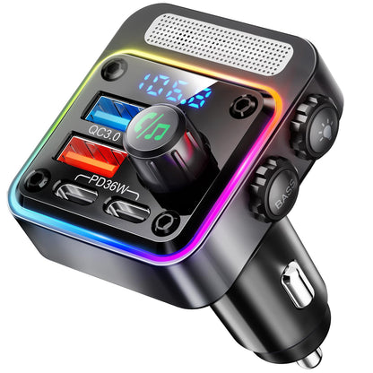 Nulaxy 54W Bluetooth 5.3 Car Adapter with 4 Charging Ports [PD 36W & QC3.0 18W], Wireless Radio FM Transmitter with Deep Bass Player & 5 Colors LED Backlit, Hands-Free Calling, Black