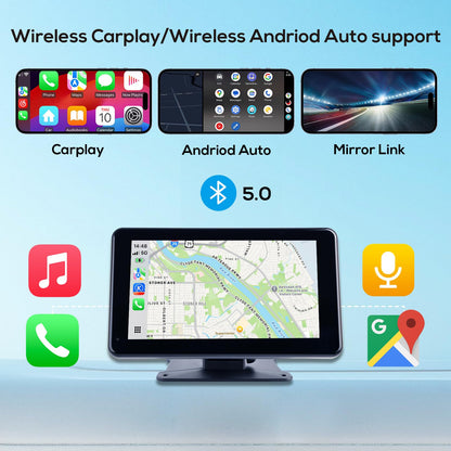 Portable Wireless Apple Carplay Screen for Car,7 Inch Car Stereo Wireless Carplay & Android Auto,1080p Backup Camera Car Audio Receivers GPS Navigation Mirror Link