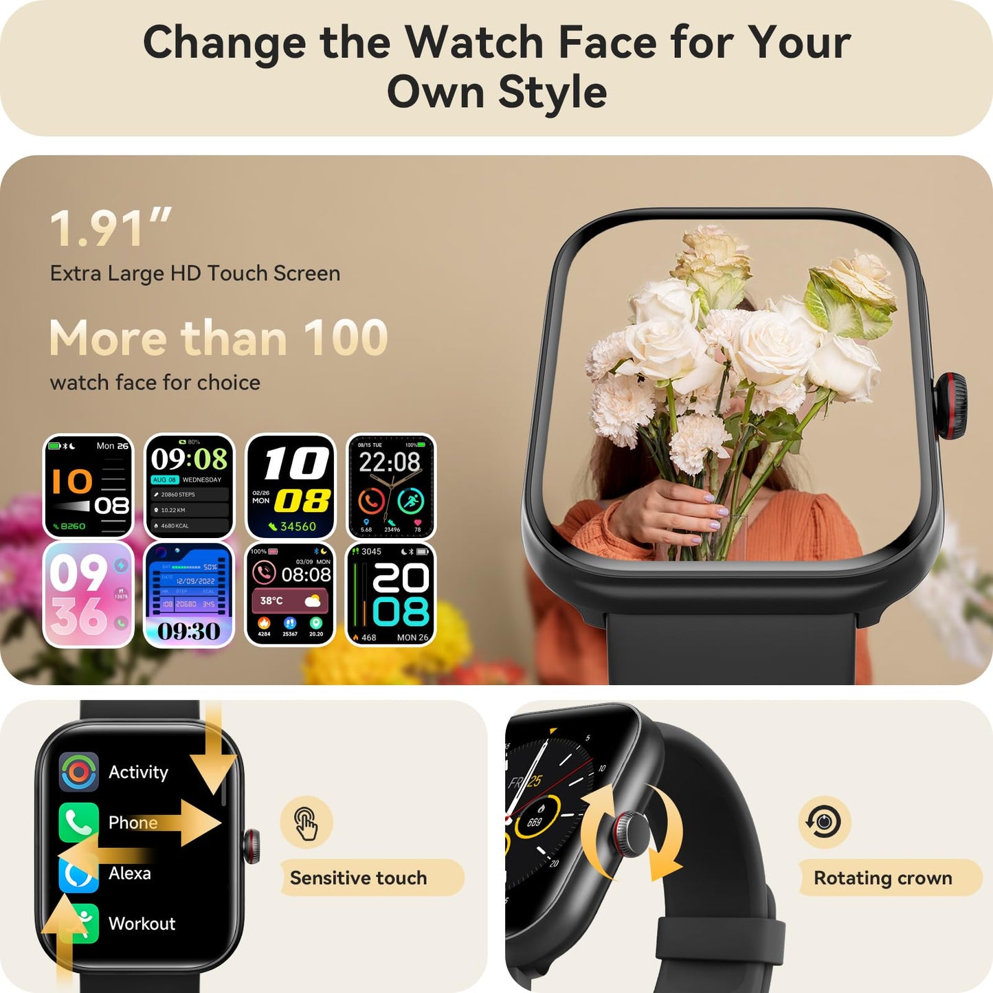 Smart Watch for Women Men, Smartwatch for iPhone & Android Bluetooth (Answer/Call) Built-in Alexa, 1.91" HD Fitness Tracker with 105+ Sport Modes, IP68 Waterproof, Sleep/Heart Rate/SpO2/Stress Monitor